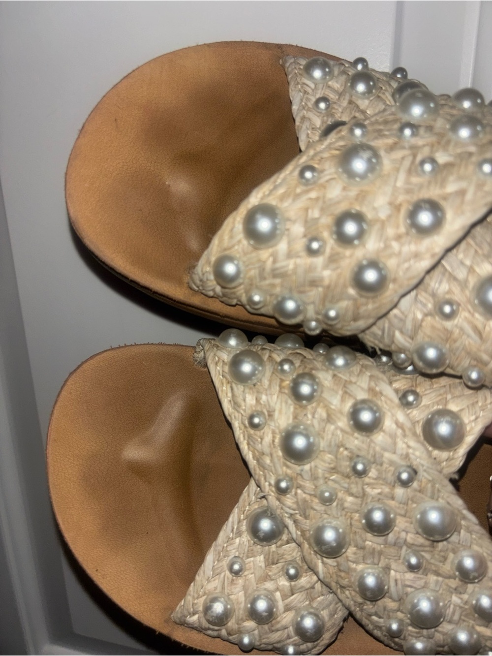 Pearl-Embellished Woven Slide Sandals in Natural